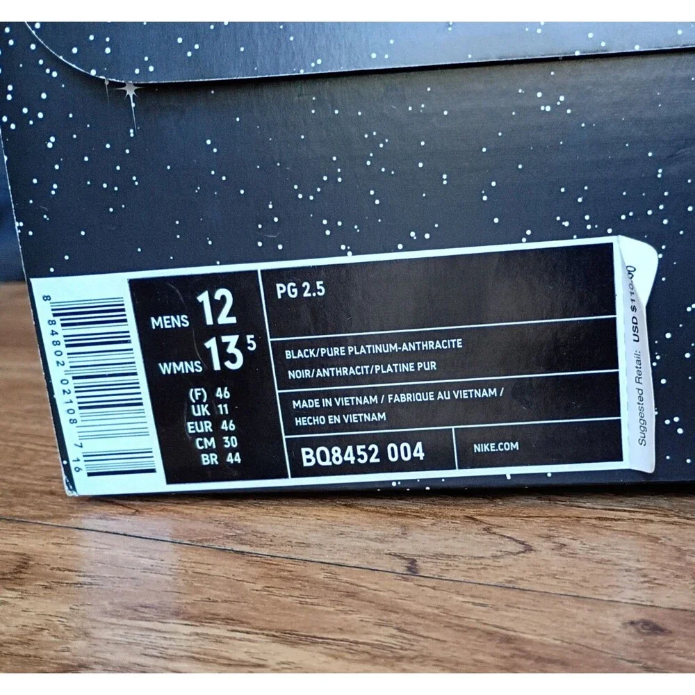 Nike PG 2.5 Paul George Black Platinum Mens 12 BQ8452-004 Box Swoosh Loose